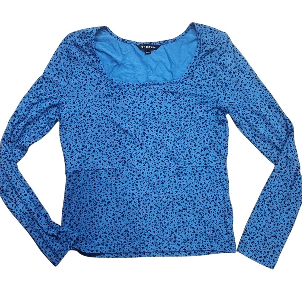 Whistles Ocean Blue Micro Floral Square Neck Balletcore Stretchy Euro Summer  12